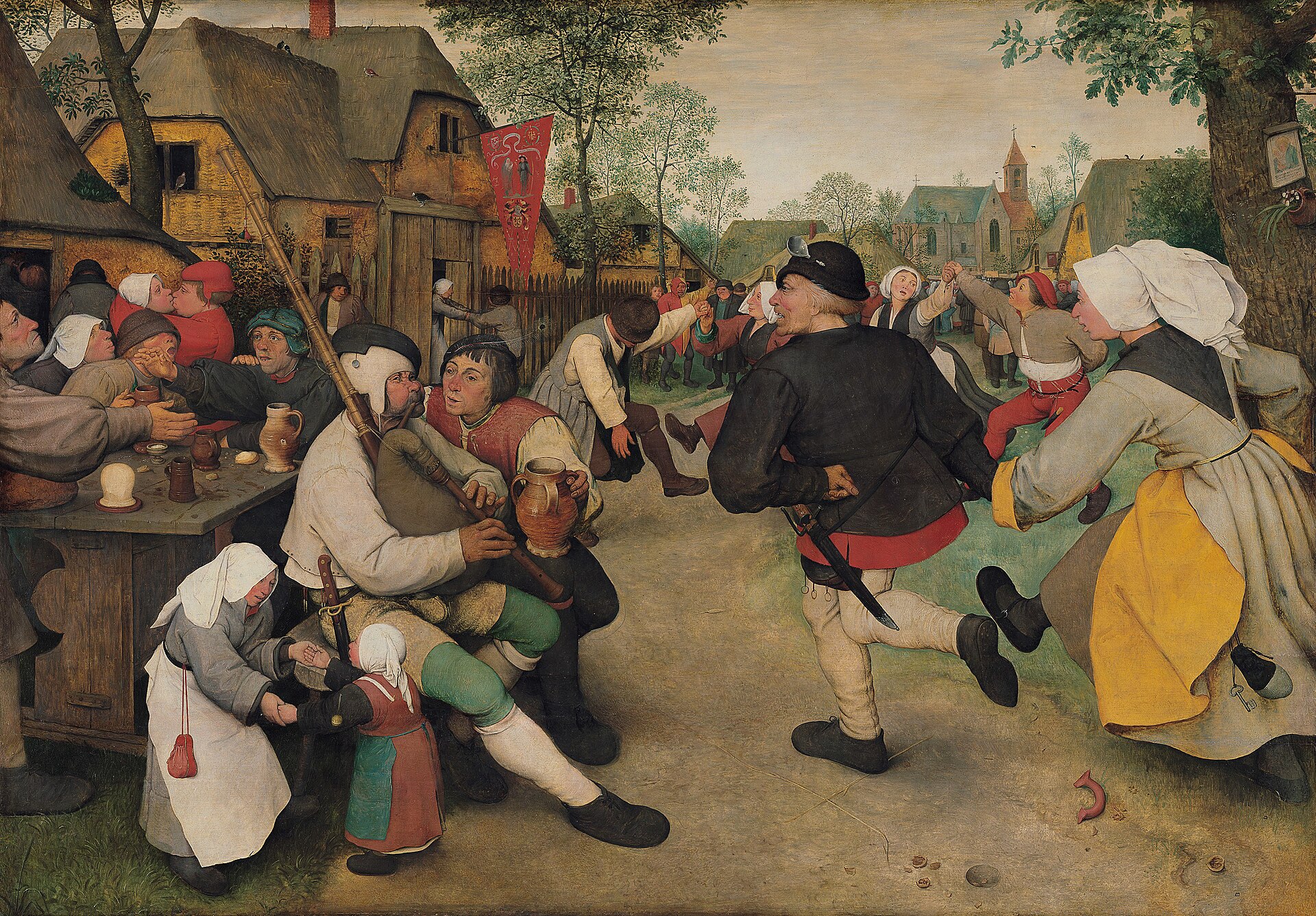 Bruegel's The Peasant Dance, a village square mid-celebration, pipes playing