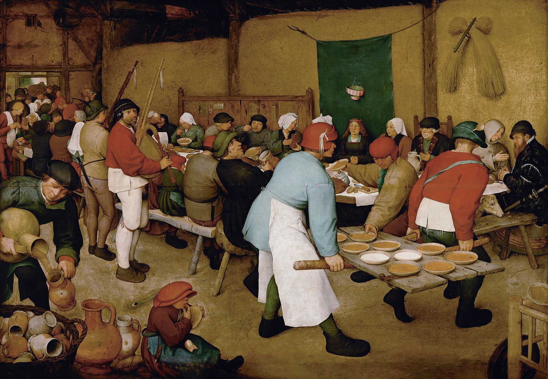 Bruegel's The Peasant Wedding, guests seated along one long banquet table