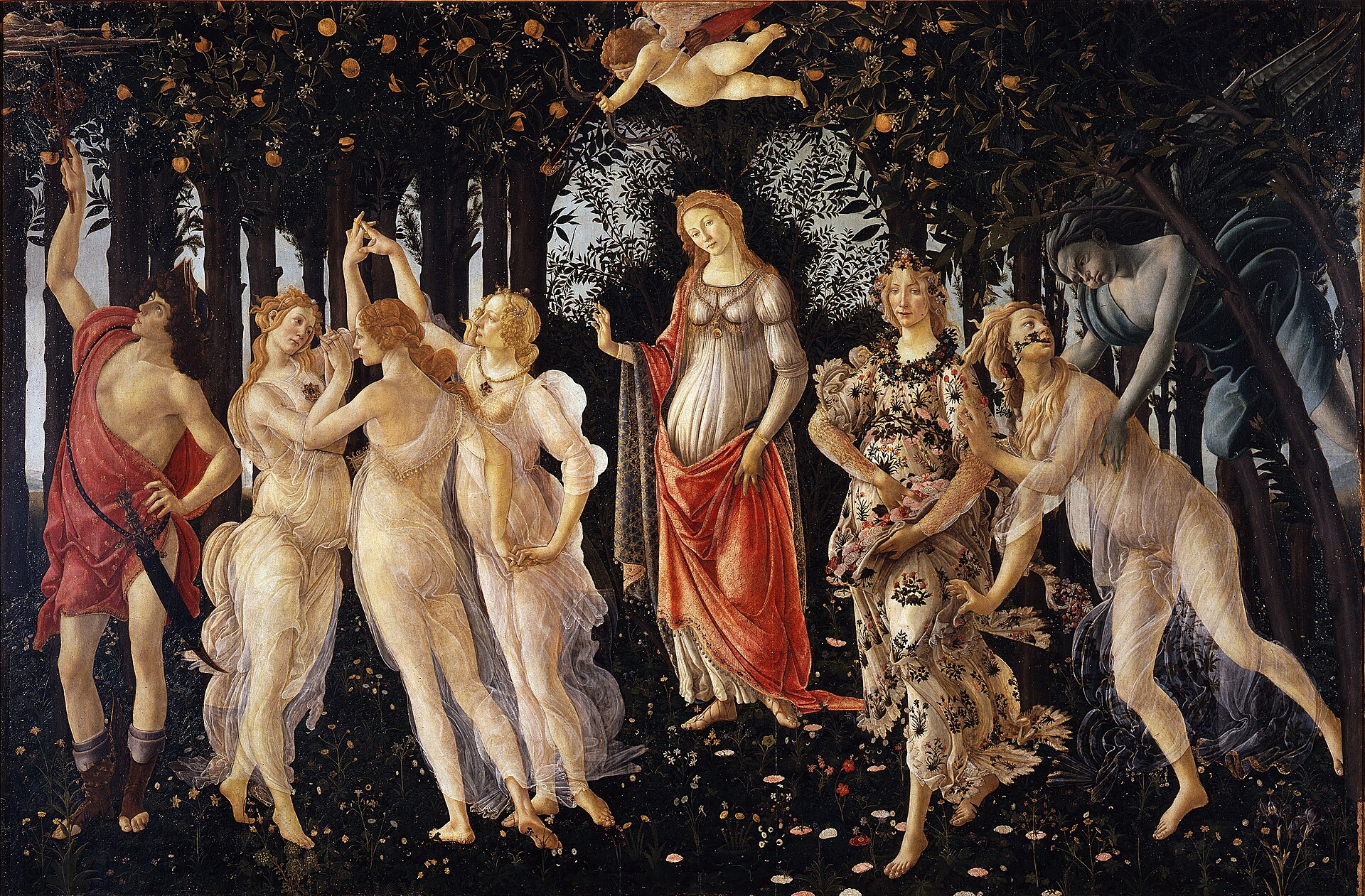Botticelli's Primavera, figures garlanded with flowers in an orange grove