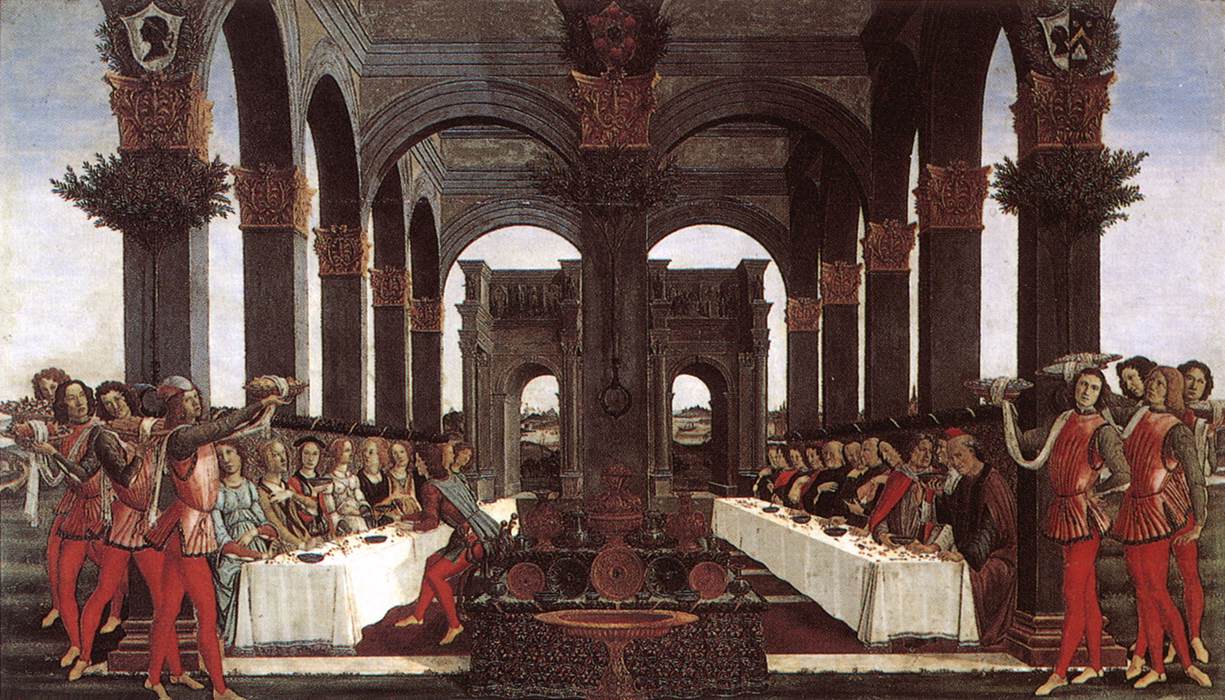 Botticelli's wedding banquet from The Story of Nastagio degli Onesti, guests at long tables beneath trees